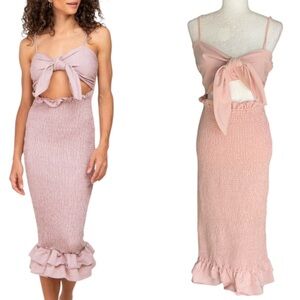 LN Mable Pink Gingham Smocked Tie Front Cutout Midi Dress - L